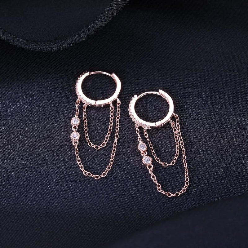 Reffeer 925 Sterling Silver Chain Drop Earrings Hoop for Women Teens CZ Hoop Chain Earrings Dangle - Image 5